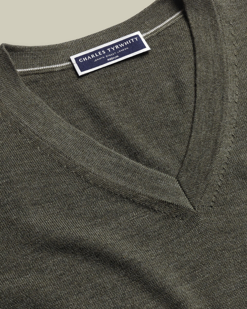 Olive Green Pure Merino V Neck Jumper