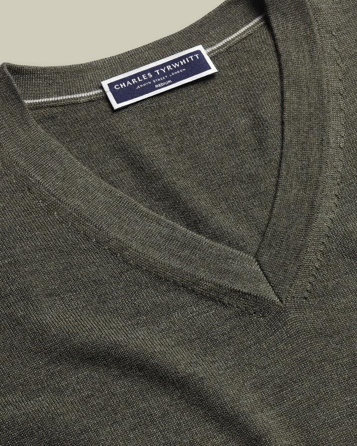 Olive Green Pure Merino V Neck Jumper