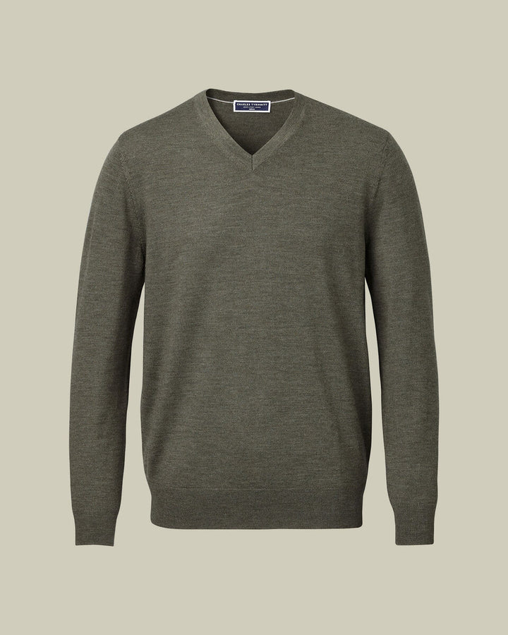 Olive Green Pure Merino V Neck Jumper