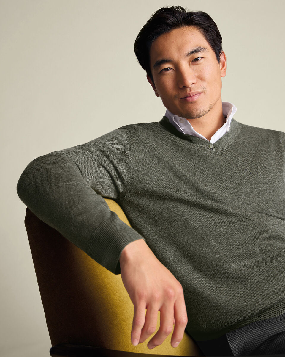 Olive Green Pure Merino V Neck Jumper