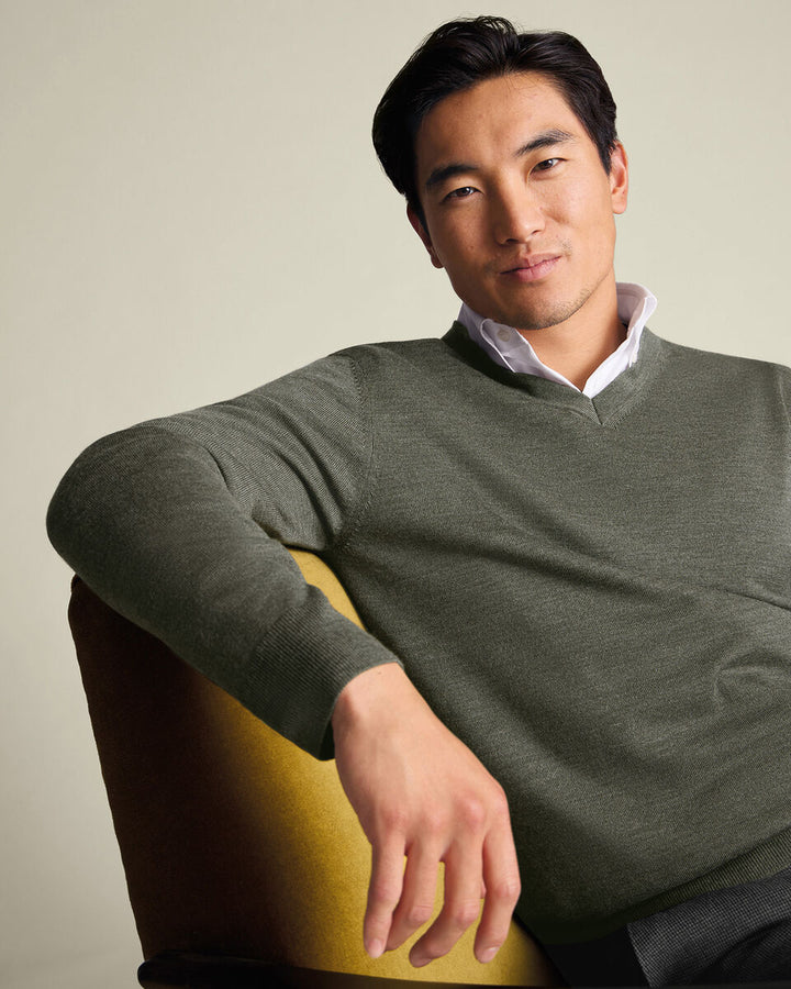 Olive Green Pure Merino V Neck Jumper