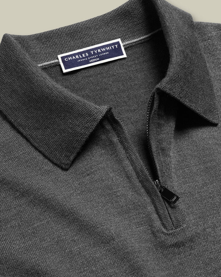 Grey Pure Merino Zip Polo Neck Jumper
