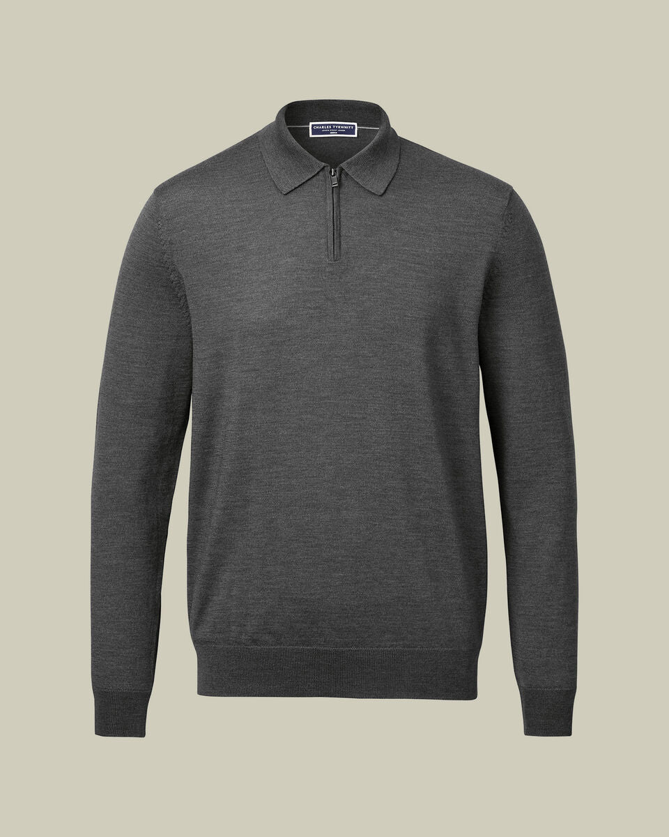 Grey Pure Merino Zip Polo Neck Jumper