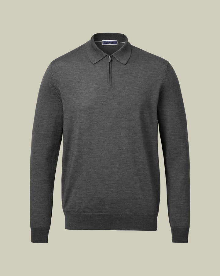 Grey Pure Merino Zip Polo Neck Jumper