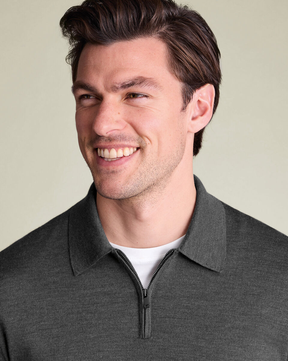 Grey Pure Merino Zip Polo Neck Jumper