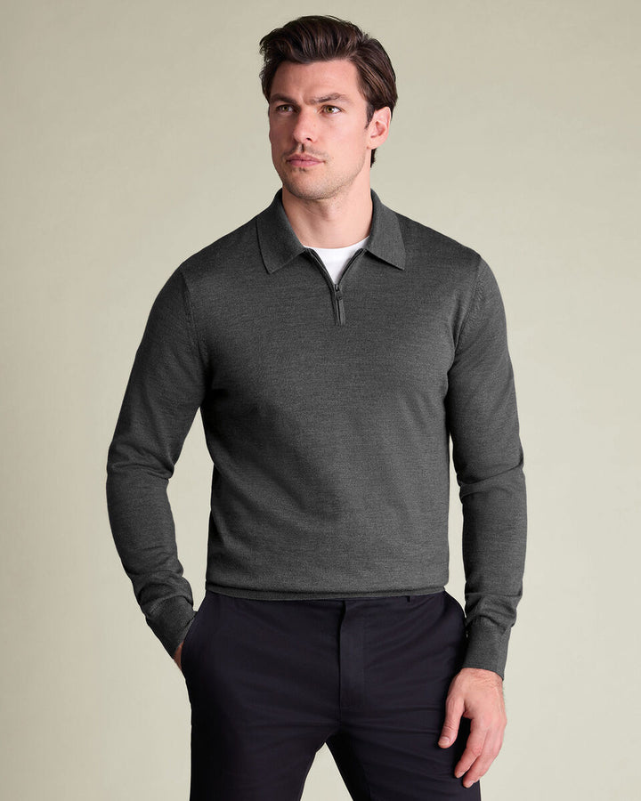 Grey Pure Merino Zip Polo Neck Jumper