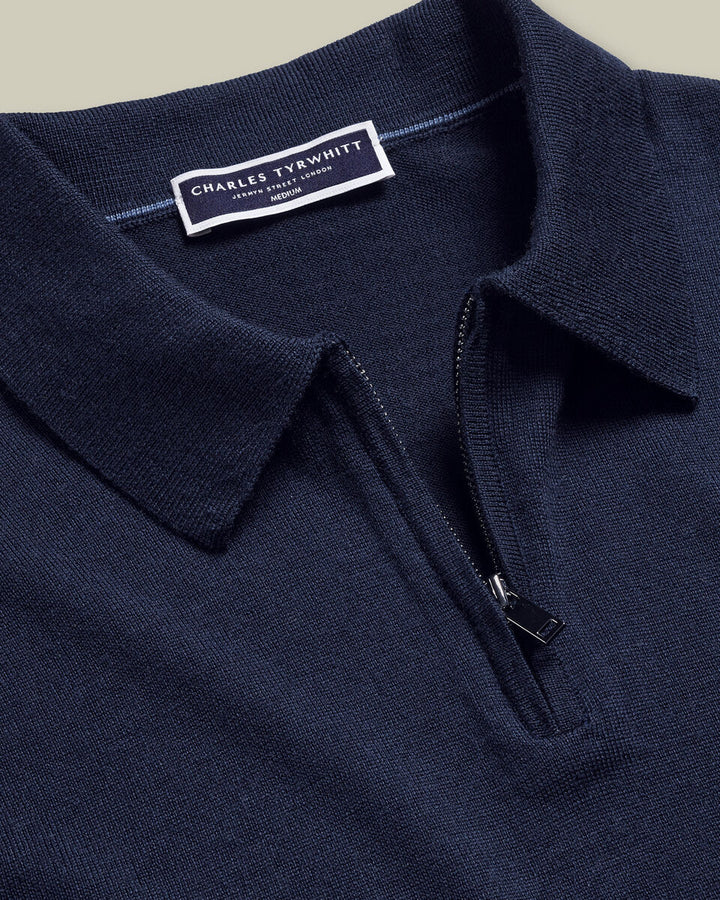 Navy Blue Pure Merino Zip Polo Neck Jumper