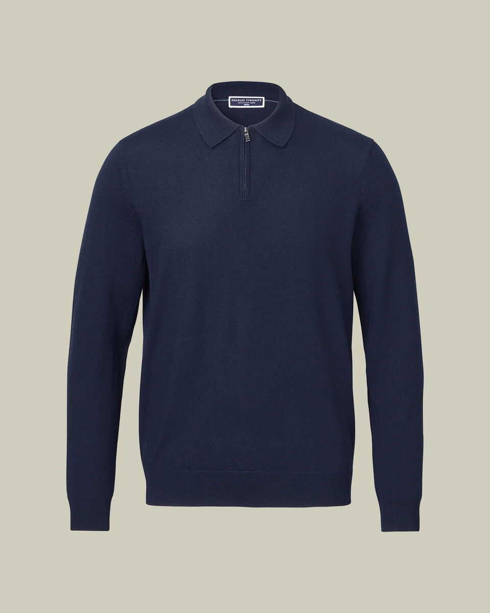 Navy Blue Pure Merino Zip Polo Neck Jumper
