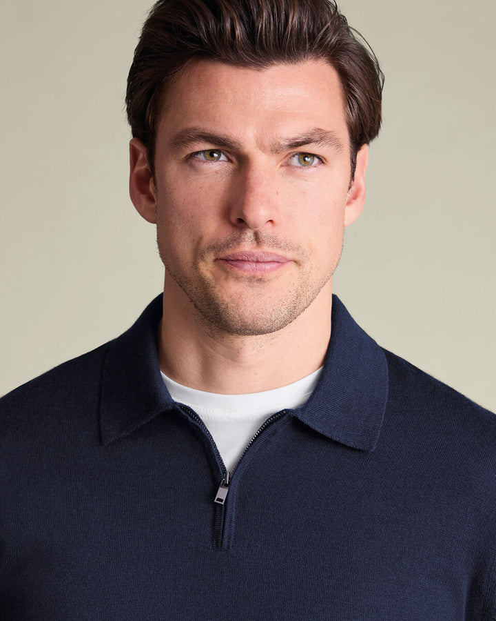 Navy Blue Pure Merino Zip Polo Neck Jumper