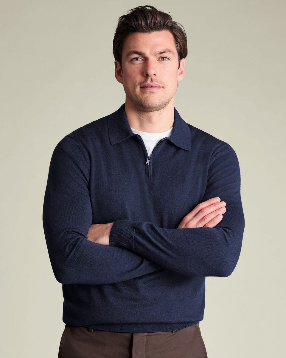 Navy Blue Pure Merino Zip Polo Neck Jumper