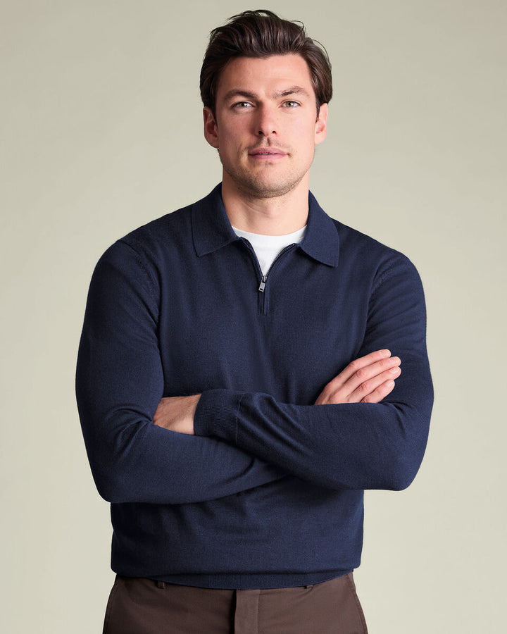Navy Blue Pure Merino Zip Polo Neck Jumper