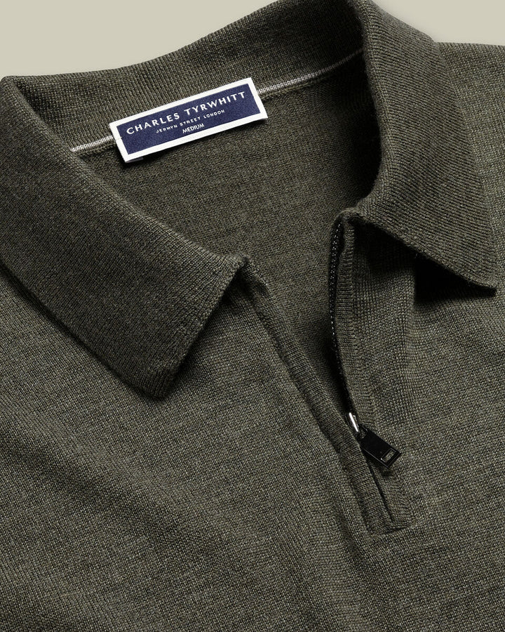 Olive Green Pure Merino Zip Polo Neck Jumper