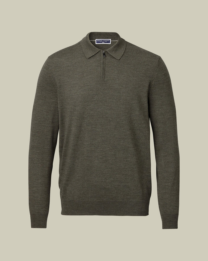 Olive Green Pure Merino Zip Polo Neck Jumper