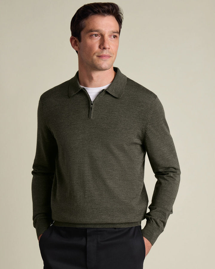 Olive Green Pure Merino Zip Polo Neck Jumper