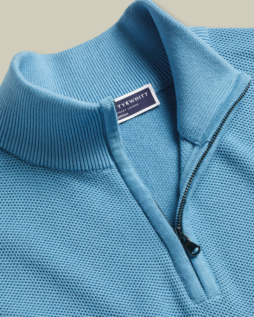 Ocean Blue Honeycomb Cotton Zip Neck Jumper