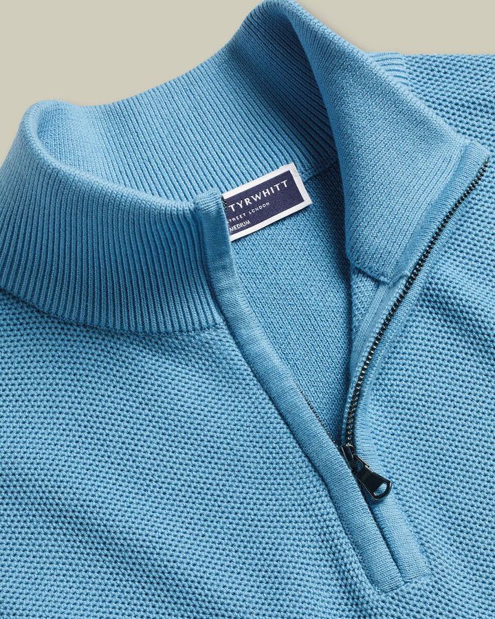 Ocean Blue Honeycomb Cotton Zip Neck Jumper