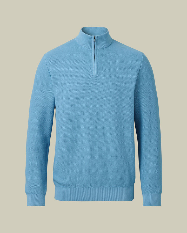 Ocean Blue Honeycomb Cotton Zip Neck Jumper