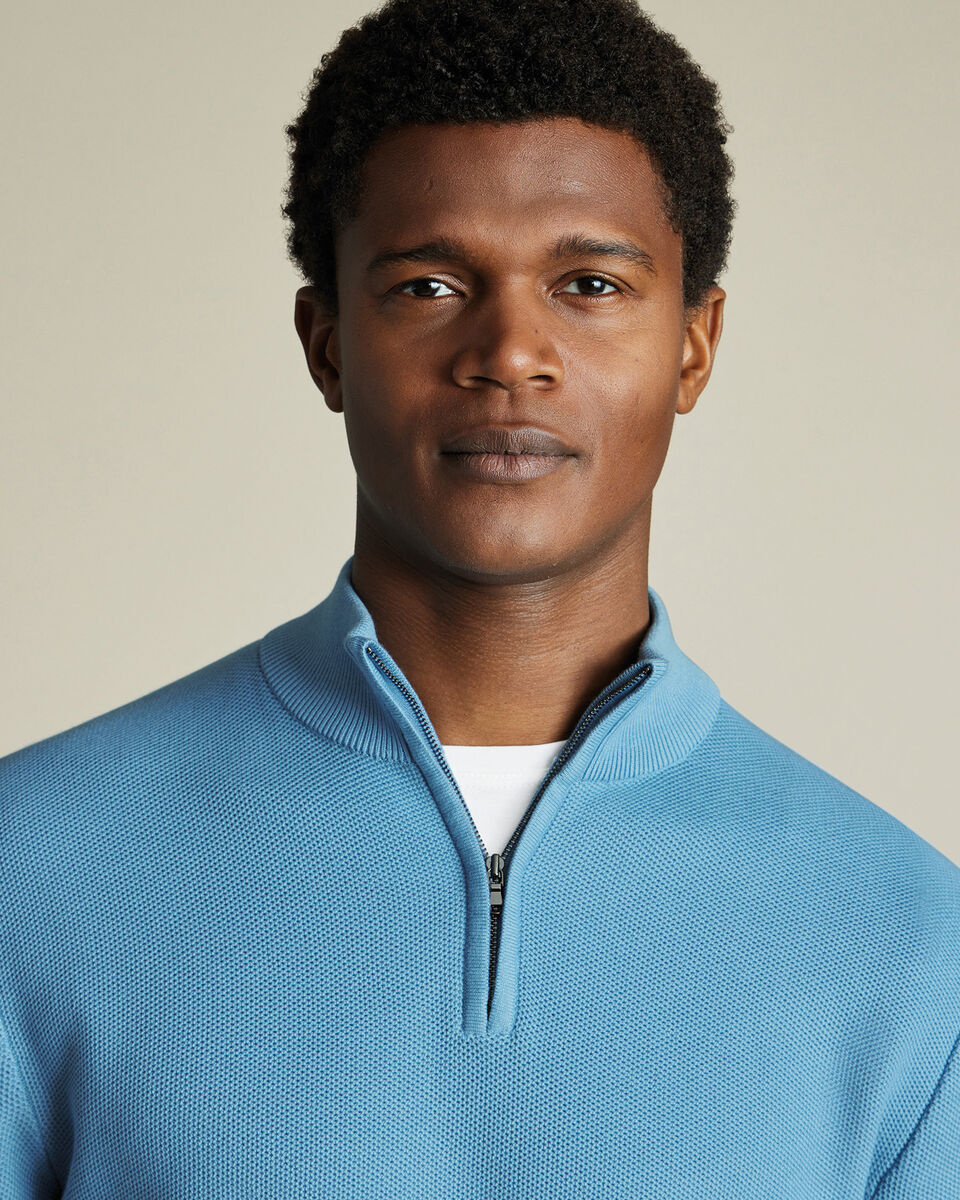 Ocean Blue Honeycomb Cotton Zip Neck Jumper