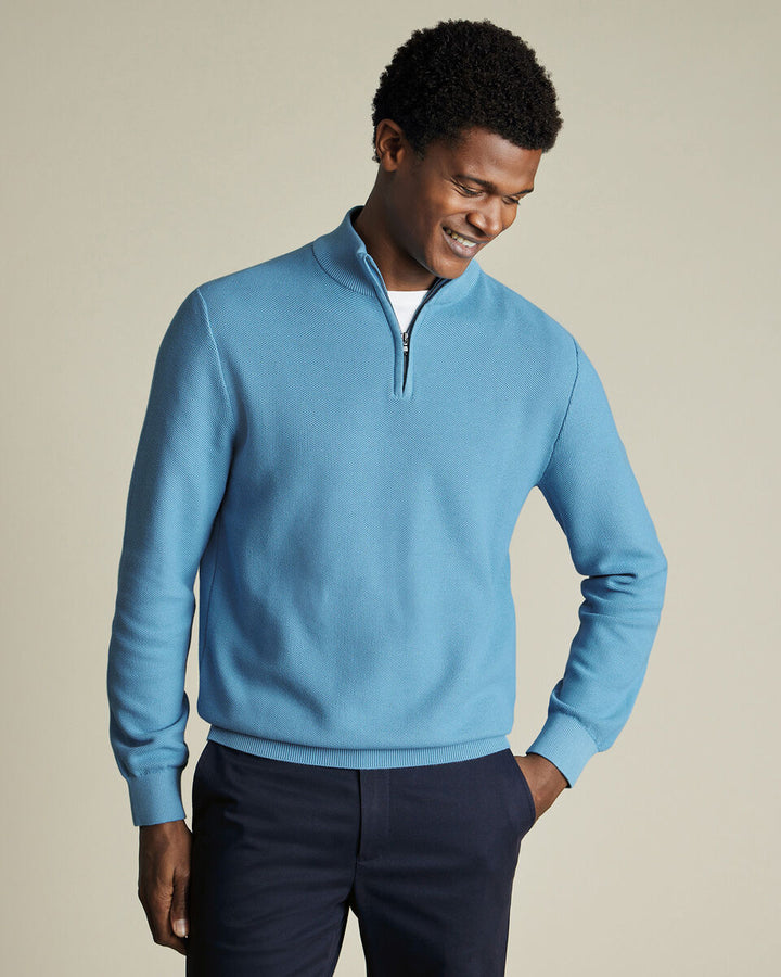 Ocean Blue Honeycomb Cotton Zip Neck Jumper