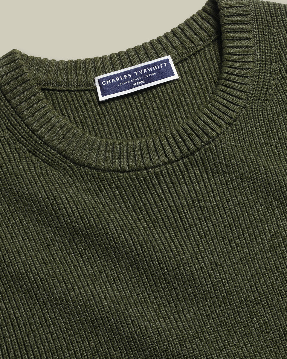 Olive Green Cotton Rib Crew Neck Jumper