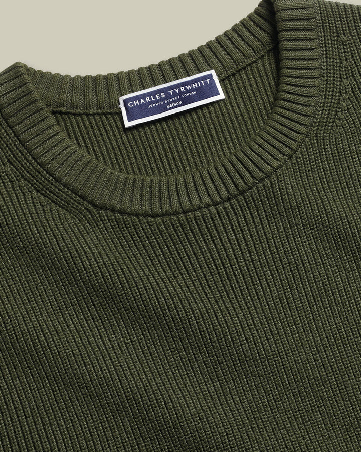 Olive Green Cotton Rib Crew Neck Jumper