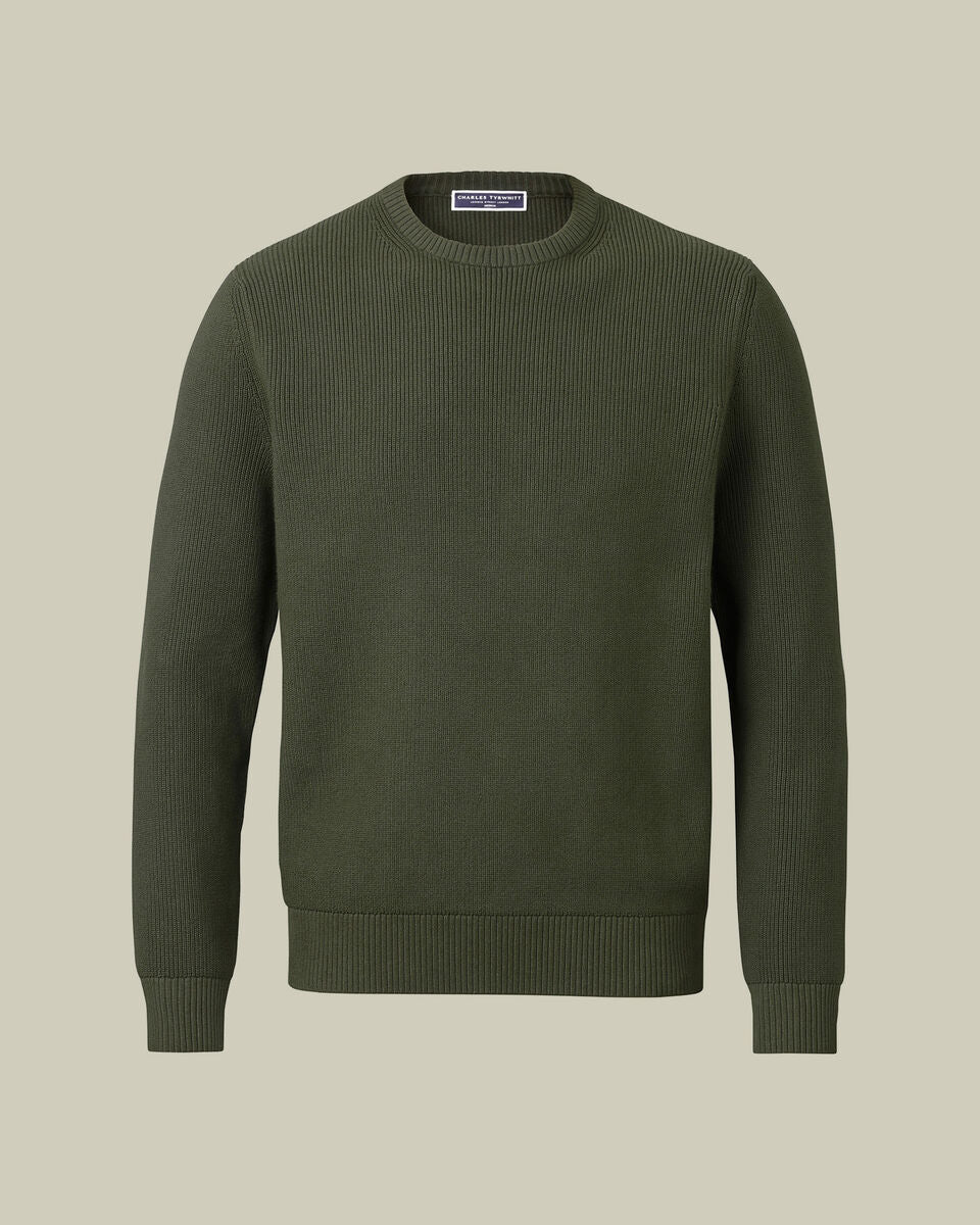 Olive Green Cotton Rib Crew Neck Jumper