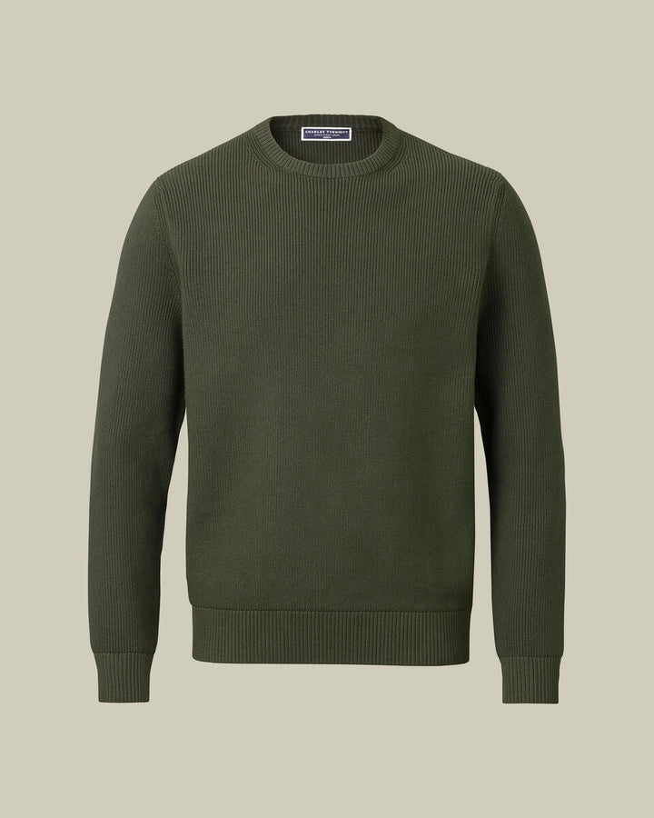 Olive Green Cotton Rib Crew Neck Jumper