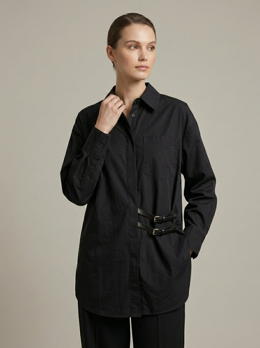 Modern Oversized Black Shirt with Double Buckle Detail