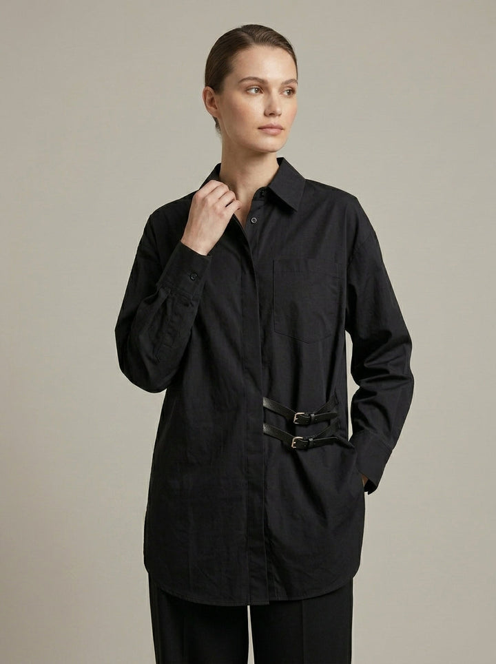 Modern Oversized Black Shirt with Double Buckle Detail
