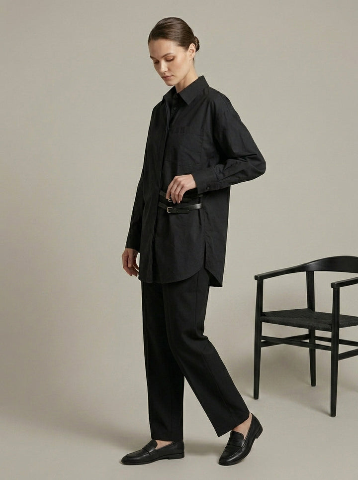 Modern Oversized Black Shirt with Double Buckle Detail