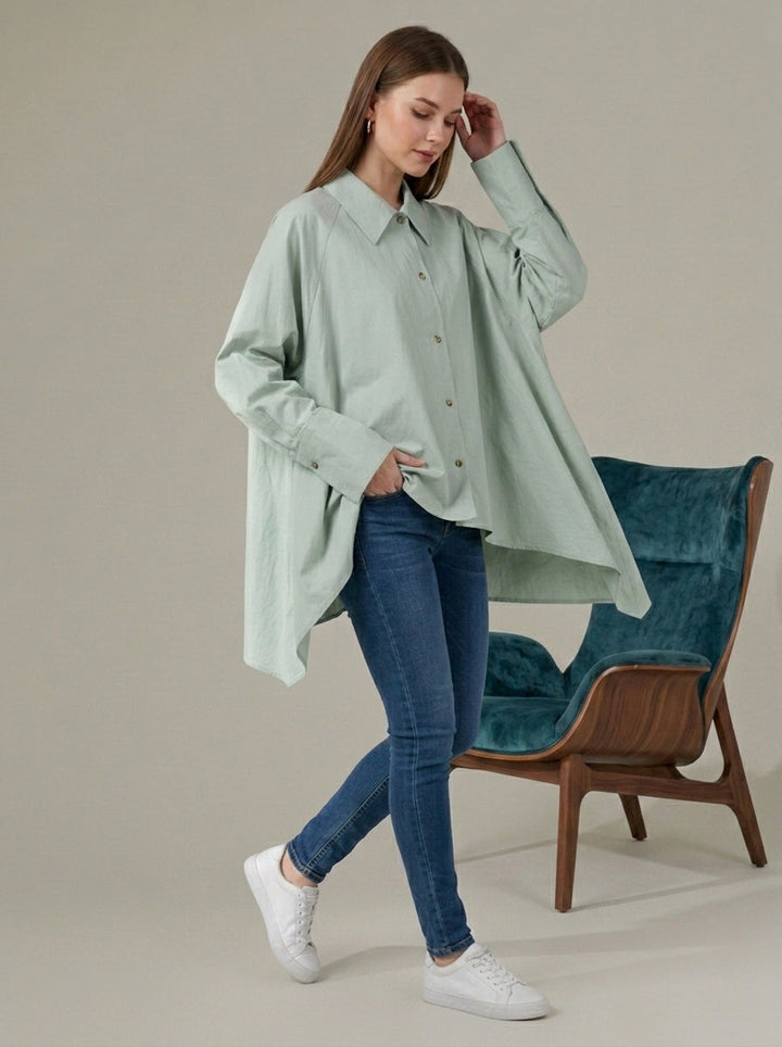 Oversized Mint Green High-Low Button-Down Shirt