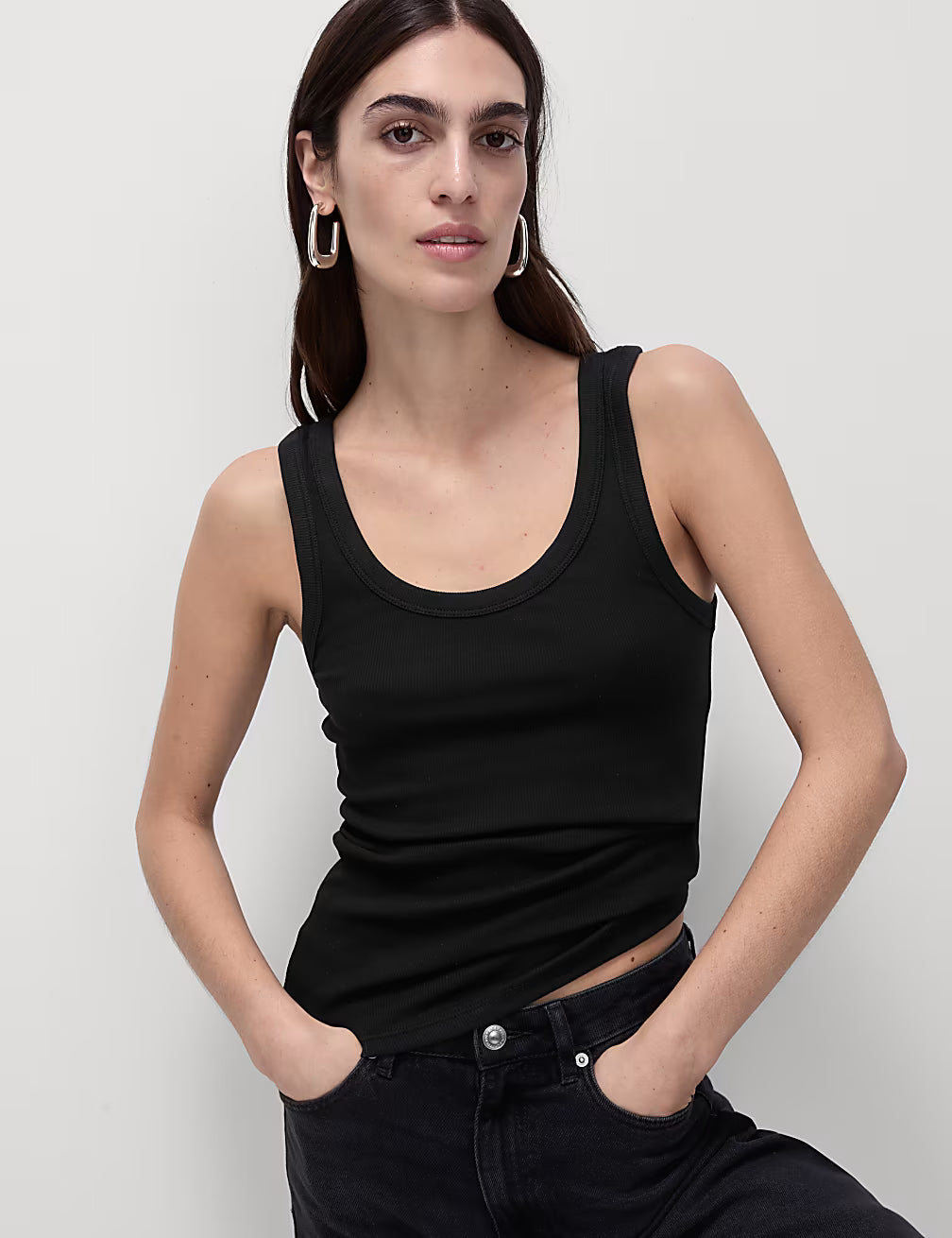 M&S Ladies Cotton Rich Ribbed Scoop Slim Fit Tank Top T41/4324Z