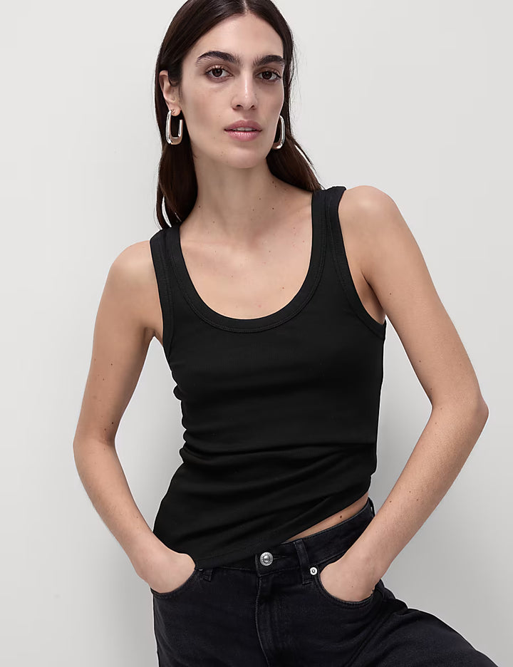 M&S Ladies Cotton Rich Ribbed Scoop Slim Fit Tank Top T41/4324Z