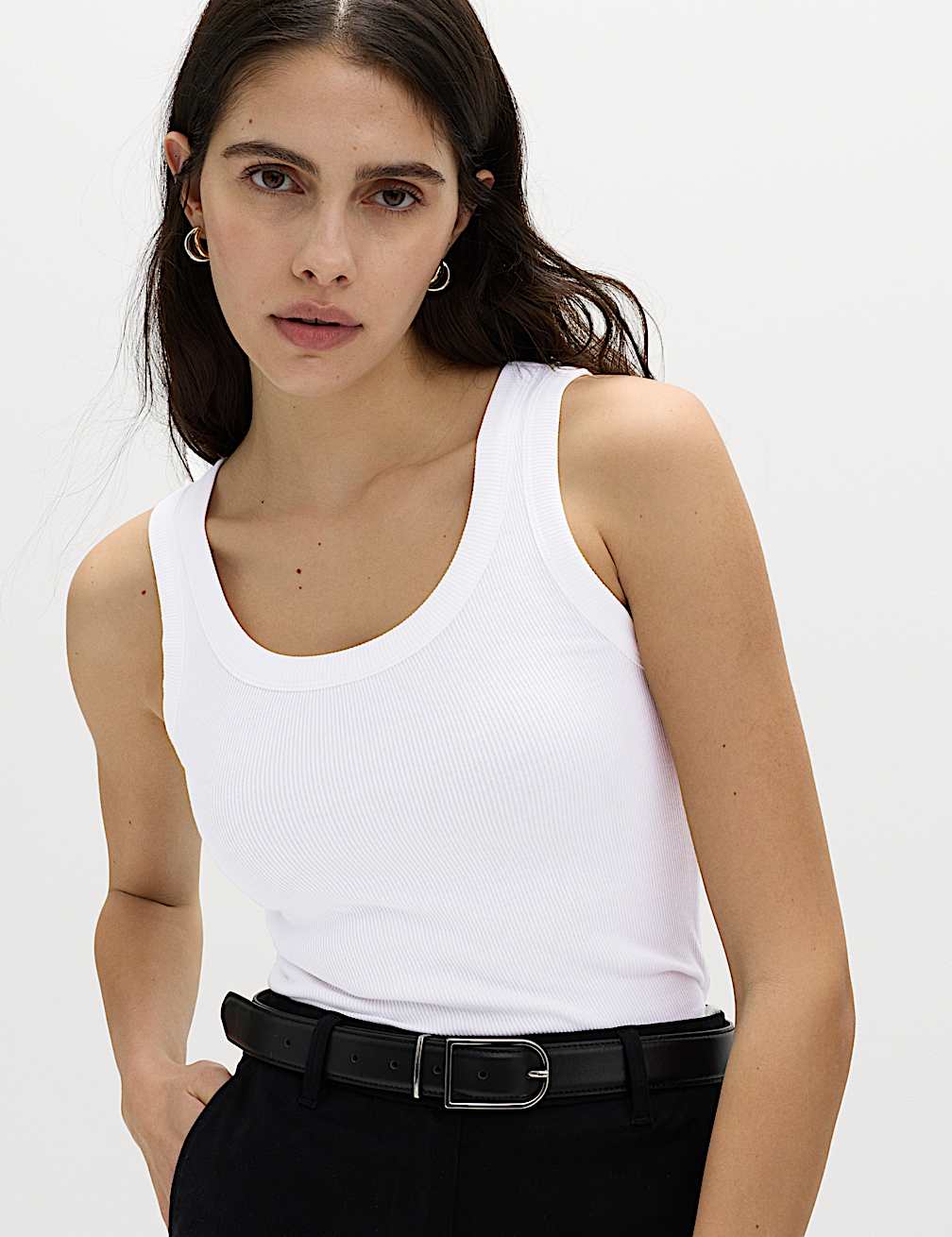 M&S Ladies Cotton Rich Ribbed Scoop Slim Fit Tank Top T41/7248