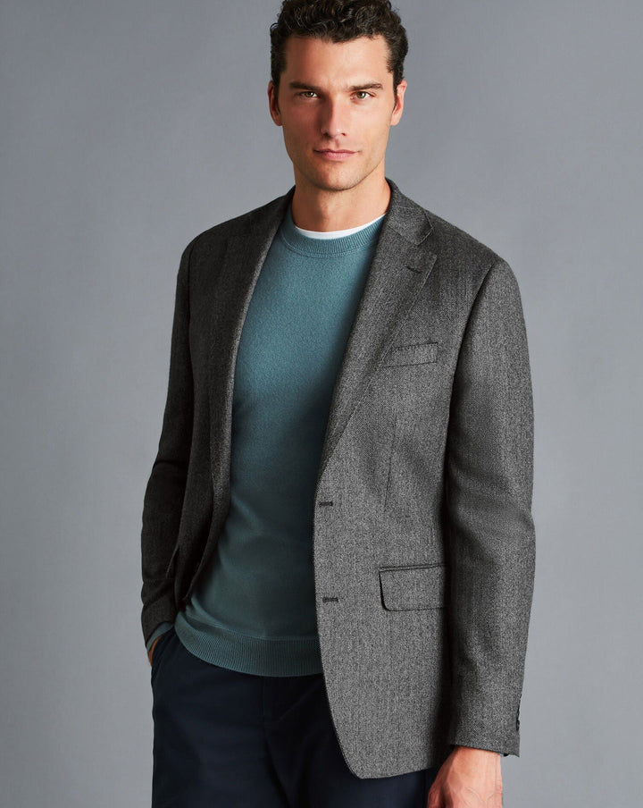 Dark Grey Herringbone Wool Texture Slim Fit Jacket