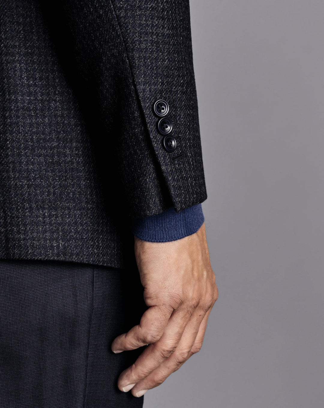 Dark Navy Puppytooth Wool Silk Texture Slim Fit