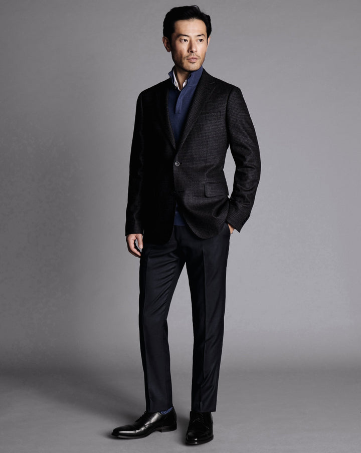 Dark Navy Puppytooth Wool Silk Texture Slim Fit