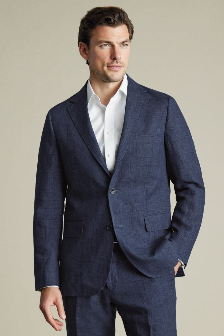 Indigo Blue Check Linen Slim Fit Jacket