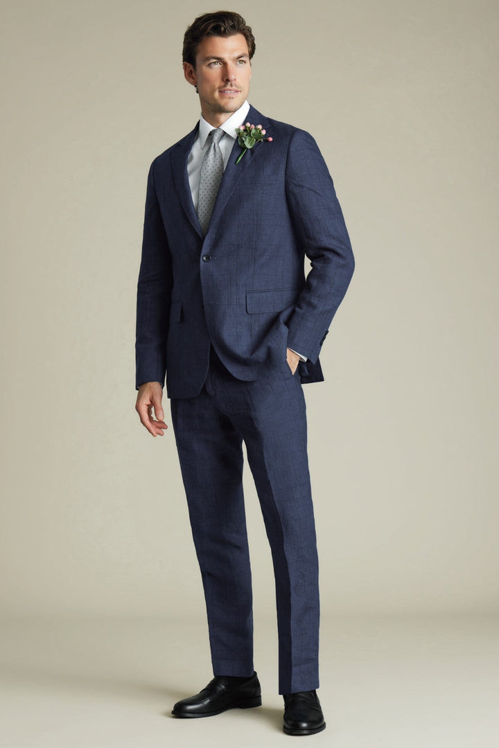 Indigo Blue Check Linen Slim Fit Jacket