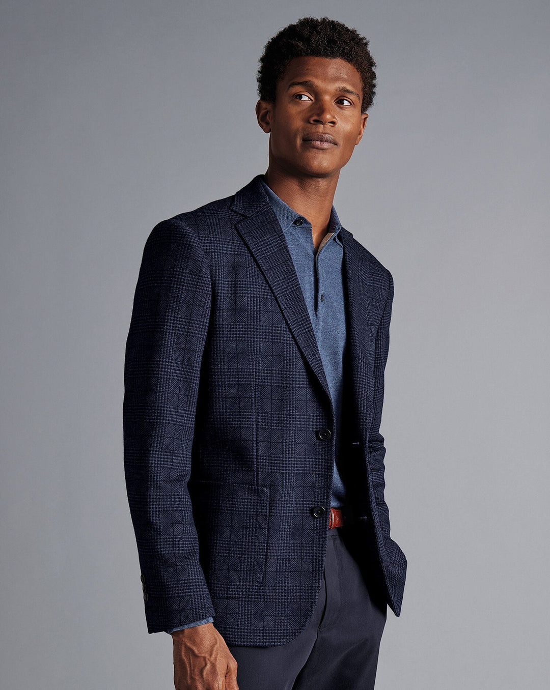 Charles Tyrwhitt Denim Blue Prince Of Wales Check Slim Fit Jersey Jacket