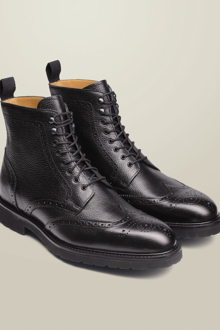 Black Grain Leather Rubber Sole Brogue Boot