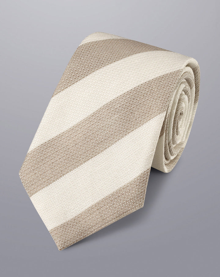 Stone And Ivory Stripe Linen Silk Tie