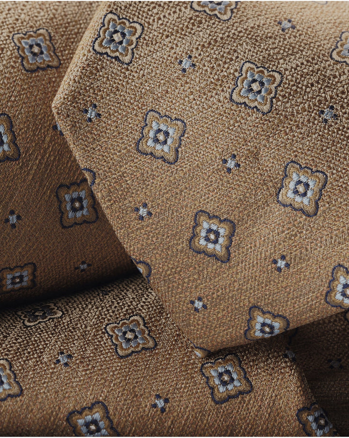 Tan Floral Silk Stain Resistant Pattern Tie