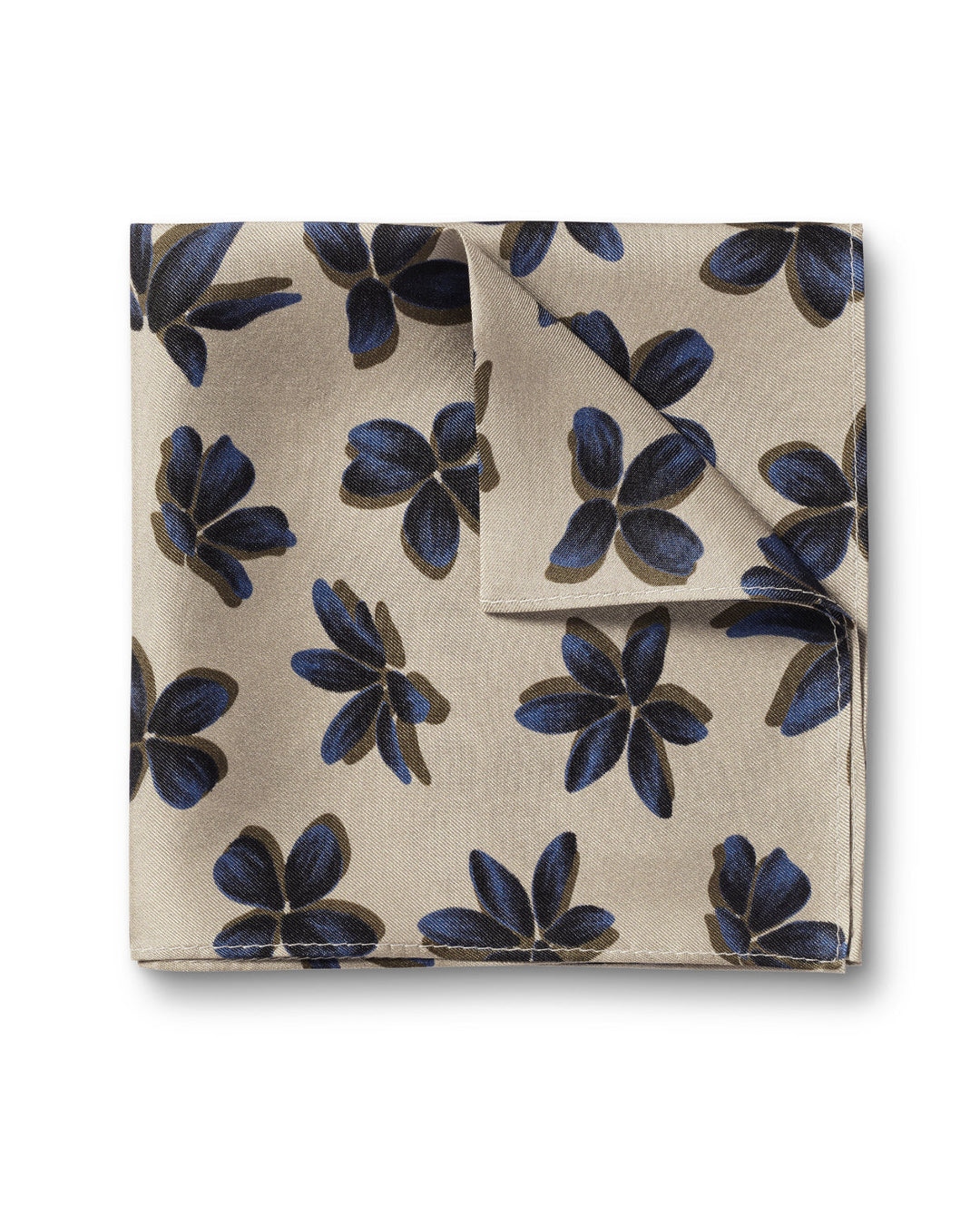 Oatmeal And Royal Blue Large Floral Print Silk Pocket Square