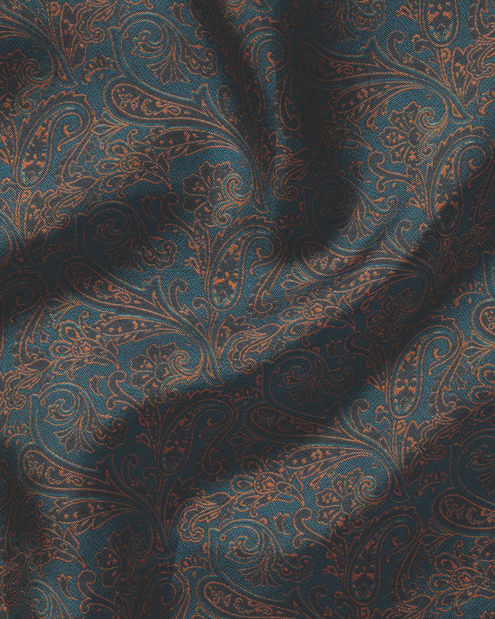 Dark Turquoise Blue And Gold Paisley Print Silk Pocket Square