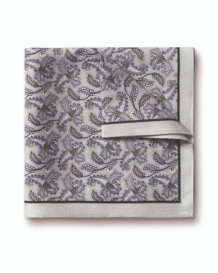 Light Grey Paisley Print Silk Pocket Square