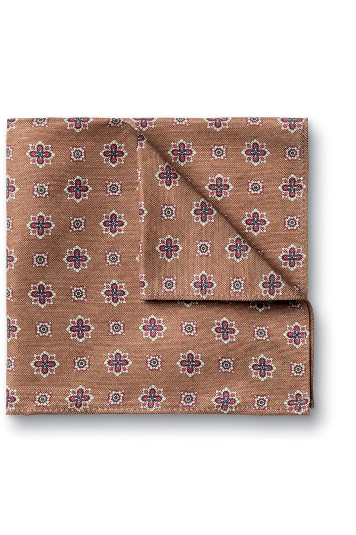 Camel Linen Silk Geo Print Pocket Square