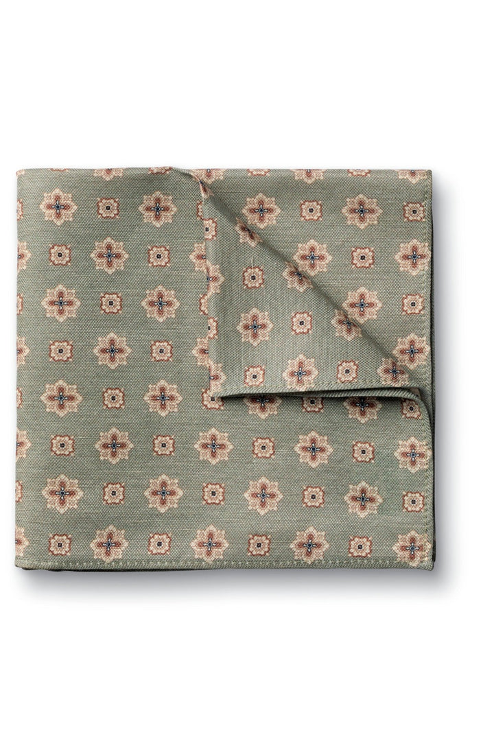 Mid Green Linen Silk Geo Pocket Square