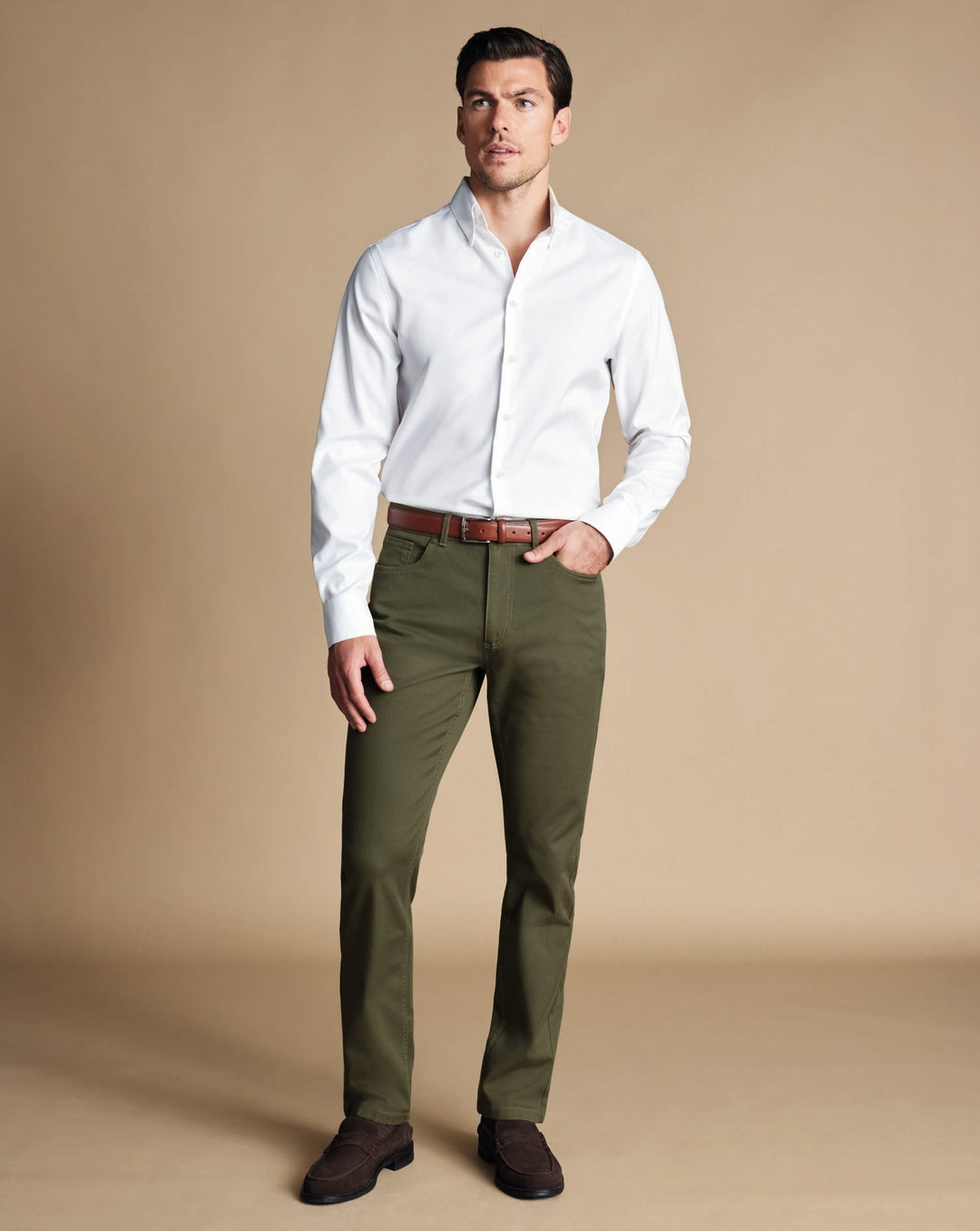 Olive Green Twill Slim Fit 5 Pocket Jeans