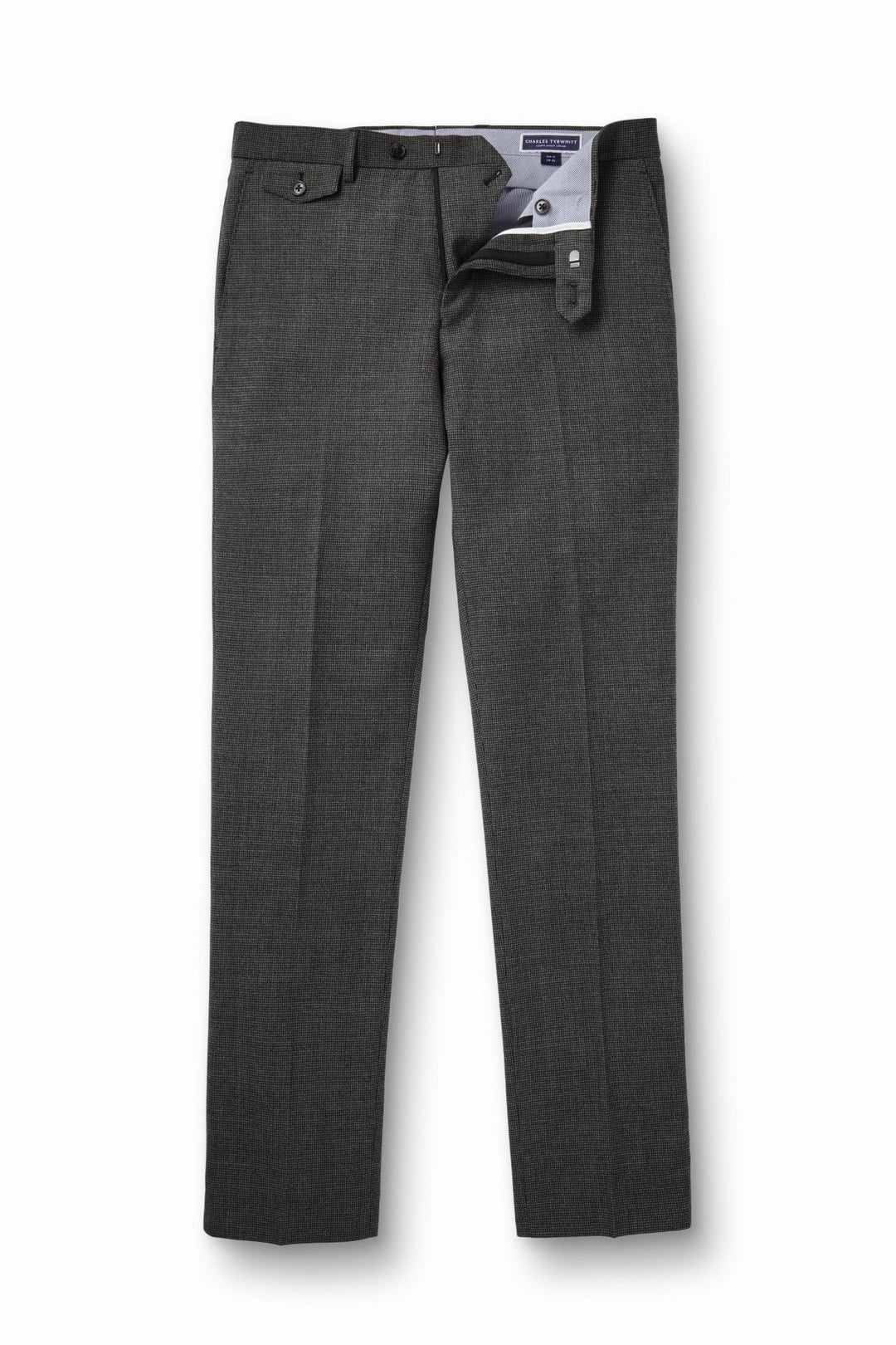 Slate Grey Puppytooth Wool Stretch Slim Fit Trousers